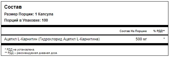 Пищевая ценность Ацетил L-карнитина от Maxler Пищевая ценность Ацетил L-карнитина от Maxler
